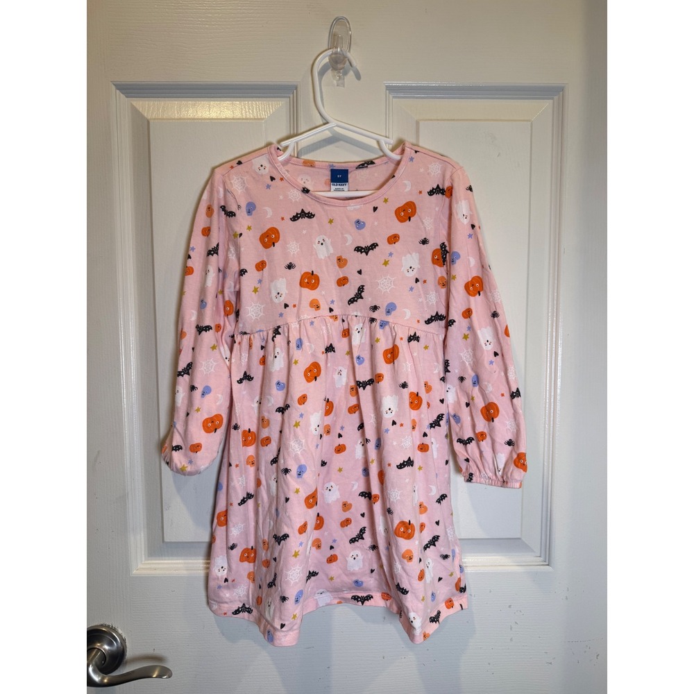 Old Navy Kids Pink Halloween Ghost Pumpkin Bat Print Long Sleeve Dress Size 5T